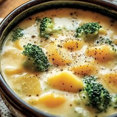 broccoli and cheese soup in a bowl on a table