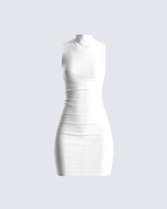 Chic Ribbed Mini Dress, Ribbed Mini Dress For Date Night, Ribbed Stretch Mini Dress, Chic High Neck Ribbed Dress, High Neck Bodycon Sleeveless Dress For Summer, Summer High Neck Bodycon Sleeveless Dress, Spring High-neck Bodycon Dress, Summer Bodycon Sleeveless High Neck Dress, White Ribbed Sleeveless Dress