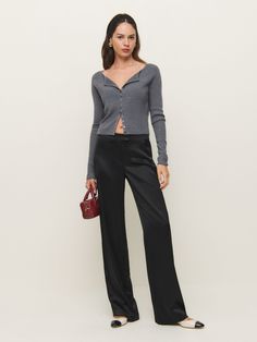 Let your pants do the talking. Shop the Mimi Low Rise Satin Pant, a sustainable pants from Reformation. Black Satin Trousers Outfit, Black Satin Pants Outfit, Satin Trousers Outfit, Satin Pants Outfit, Black Satin Pants, Pant Outfits, Satin Pant, Black Pants Outfit, Work Wear Outfits