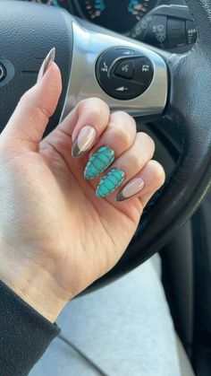 brown/turquoise crocodile w/ brown frenchies💋 Turquoise Nails Western, Brown Frenchies, Nails Western, Nails Turquoise, Black Gel Nails, Teen Nails