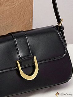 BirdinBag - Black PU Baguette Bag with Elegant Metal Decor Office Baguette Satchel Bag With Hasp Closure, Office Baguette Bag With Hasp Closure Satchel, Office Shoulder Baguette Bag With Hasp Closure, Office Satchel Baguette Bag With Hasp Closure, Office Baguette Bag With Hasp Closure And Satchel Shape, Travel Baguette Bag With Gold-tone Hardware, Black Satchel Shoulder Bag With Single Handle, Classic Black Satchel Baguette Bag, Black Handheld Baguette Bag With Gold-tone Hardware