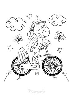 a cartoon unicorn riding a bicycle with butterflies flying around the top and bottom, in black and white