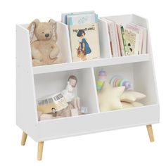 a white book shelf filled with books and stuffed animals on top of each shelf in front of a white background