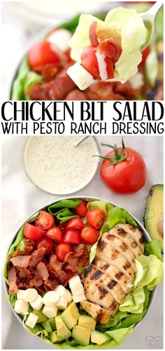 chicken, lettuce and tomato salad with pesto ranch dressing in a bowl