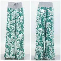 Cute And Casual Wide Leg Pants, Wintergreen And White Color. 97% Polyester 3% Spandex Waist Part Has Stretch, Bottom Part None Green Wide-leg Loungewear Pants, Green Stretch Pants For Loungewear, Stretch Green Pants For Loungewear, Tropical Green Bottoms With Elastic Waistband, Tropical Green Cotton Bottoms, Green Stretch Bottoms For Loungewear, Stretch Green Bottoms For Loungewear, Green Loungewear Trousers, Green Cotton Vacation Pants