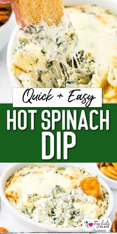 spinach dip in a white bowl with text overlay that reads quick and easy hot spinach dip