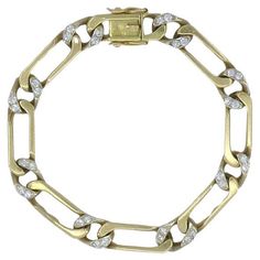 This vintage Van Cleef & Arpels bracelet from the 1970s is crafted in two-tone 18k gold, featuring a sleek combination of yellow and white gold. The bracelet's design consists of alternating open links that are accented with diamonds, adding a subtle brilliance to its elegant structure. The diamonds are set within the white gold sections, creating a striking contrast against the yellow gold. Measuring 7 1/4 inches in length and weighing 34.2 grams, it offers a comfortable and secure fit with a clasp closure. The bracelet is stamped with the iconic "VCA" marking, "750" for 18k gold purity, the reference number "B 2174 A 87," and French assay marks, ensuring its authenticity and craftsmanship. This piece exemplifies the timeless elegance of Van Cleef & Arpels jewelry. Van Cleef Arpels Bracelet, Vintage Van Cleef, Van Cleef And Arpels Jewelry, Van Cleef & Arpels, Van Cleef And Arpels, Vintage Vans, Van Cleef Arpels, Van Cleef, The 1970s