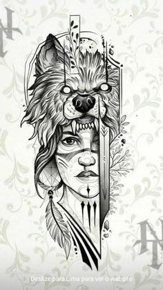 a drawing of a woman with a wolf's head on her face and an arrow in