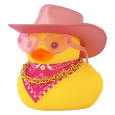 a rubber duck wearing a pink cowboy hat, bandana and glasses with a gold chain around its neck