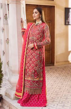 Maryum N Maria Impassioned (MFD-0095) Utsav Chiffon Collection Red Unstitched Wedding Suit With Digital Print, Red Digital Print Unstitched Wedding Suit, Wedding Dress With Digital Print On Organza, Organza Wedding Dress With Digital Print, Festive Organza Dress With Digital Print, Festive Organza Sets With Digital Print, Red Sets With Digital Print For Festive Occasions, Red Digital Print Sets For Festive Occasions, Festive Red Sets With Digital Print