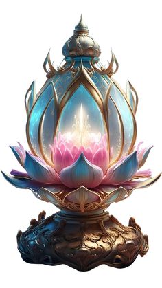 a large blue and pink flower sitting on top of a metal object with gold accents