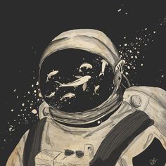 an astronaut floating in the water with fish swimming around his helmet and body, while looking up at him