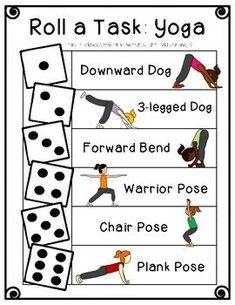 the roll a task yoga game is shown in black and white with dices on it