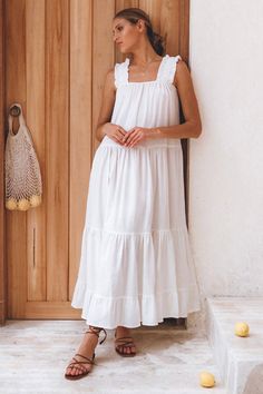 Whether you're packing for vacation or dreaming of one, our La Palma maxi will get you inspired. Handcrafted from luxurious organic crinkle linen, this stunning maxi is is designed in a flowy silhouette with elasticated shoulder straps adorned with ruffles. Style this dress with a pair of strappy sandals for a perfect Summer look. 100% linen Elasticized straps Machine wash gentle cycle Summer Linen Maxi Dress With Ruffles, Sleeveless Linen Maxi Dress With Ruffles, Chic Maxi Dress With Ruffled Straps For Beach, Summer Maxi Dress With Ruffled Straps For Vacation, Summer Vacation Maxi Dress With Ruffled Straps, Bohemian Linen Maxi Dress With Ruffles, Flowy Maxi Dress With Ruffled Straps For Beach, Casual Linen Maxi Dress With Ruffles, Flowy Cotton Maxi Dress With Adjustable Straps