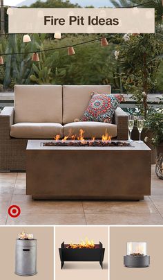 an outdoor fire pit sitting on top of a patio next to a couch and table