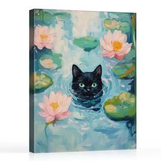 a painting of a black cat in the water surrounded by lily pads and pink flowers