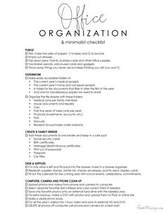 the office organization checklist is shown in black and white, with text on it