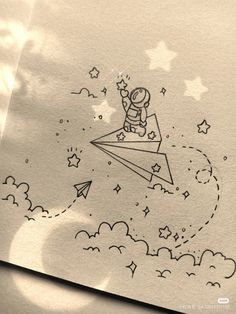 a drawing of a person on a paper plane flying through the sky with stars and clouds