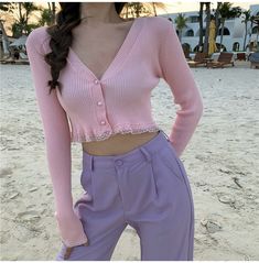 Keep warm and stylish with this long sleeve knitted crop sweater top. featuring a fashionable design with buttons and knitted fabric for a comfortable fit. Cheap Trendy Pink Knit Top, Cheap Casual Pink Knit Top, Fall Outfits Streetwear, Embroidery Crop Top, Streetwear Cartoon, White Lace Shorts, Outfits Streetwear, Sweater Crop, Long Crop Top