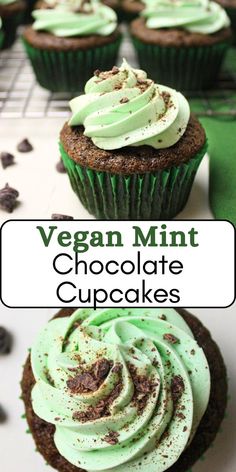 Chocolate cupcake with green peppermint frosting with chopped chocolate pieces on top.