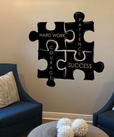 Motivational Wall Quote for Office Decor. Hard Work, Patience, Courage, Success Inspirational Puzzle Pieces Wall Decal Sticker. #1114 Start your day with a positive mindset! Custom Sizes Available: *All sizes are available, so if you need a bigger or smaller size decal, let us know before you purchase.  Additional fees for larger size cuts may apply. *Some decals may come in multiple pieces due to the size of the design. *Our decals can be positioned indoors or outdoors. How to Apply Decal: *Instructions are provided with each decal *This is the fun part! No tools needed. Decals can be applied within minutes. *Some decals may come in multiple pieces due to the size of the design. *Can be applied using a credit card or any plastic squeegee scraper to smooth out the decal onto the wall.  Wil Puzzle Piece Wall Decor, Office Words On Wall, Large Wall Office Decor, Wall Of Inspiration, Motivational Room Decor, Motivational Room Decor Ideas, Office Board Decoration Ideas, Office Quotes Motivational Wall Art, Diy Office Decor At Work