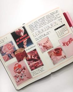 an open notebook with pictures and writing on it, including pink pen in the middle