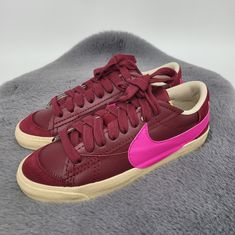 New Nike Women's Blazer Low '77 Jumbo 'Team Red Pink Prime' Shoes Brand New Size 10 Opting For A Low Top Construction That Is Ideal For The Warm Summer Season, This Nike Blazer Low Gets Covered In Burgundy All Over The Leather Construction On The Upper Along With Suede Detailing On The Toes And Heels. For A Bright Contrast We See The Addition Of Jumbo Hot Pink Swooshes On The Side Panels As Well As The Nike Branding On The Heels, Tongues, And Insoles. Black Nike Branding On The Tongues And An Ag Red Leather Sneakers With Rubber Waffle Outsoles, Retro Red Custom Sneakers With Rubber Sole, University Red Leather Skate Shoes With Rubber Sole, Burgundy Sneakers With Contrast Sole And Round Toe, Red Retro Custom Sneakers With Round Toe, Burgundy Sneakers With Red Sole, Red Leather Skate Shoes With Gum Sole, Retro Red Skate Shoes With Rubber Sole, Pink Nike Blazers Low