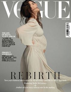 a woman in a white dress is featured on the cover of a magazine, with her hands behind her back