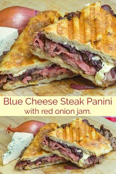 blue cheese steak panini with red onion jam is cut in half on a cutting board