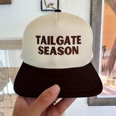 Tailgate Season Embroidered Hat Brown/Cream Cap 5 Panel Structured Snap Adjustable Back Beige Snapback Hat With Letter Print, Beige Cap With Letter Print, Beige Letter Print Cap, Cream Hat With Embroidered Logo, One Size Fits Most, Embroidered Cream Cap, Cream Embroidered Cap, Cream Snapback Hat One Size, Grass Valley, Embroidered Hat