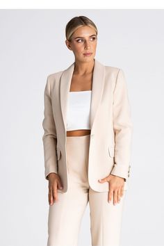 Elegant jacket with shawl collar. Fastened with one decorative button. The jacket has two pockets with a flap. In the sleeves there are cracks decorated with buttons. Shawl Collar Jacket, Shawl Collar Blazer, Elegant Jacket, Blazer Beige, Casual Day Dresses, Classic Jacket, Collar Jacket, Jumpsuit Trousers, Collar Designs