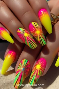 Bright nails are colorful and eye-catching, perfect for adding a pop of excitement to any look.  They are also a great choice for summer!  This post contains 39 ideas for bright nails, including: simple, cute, inspo, classy, elegant, fun, funky, edgy, neon, ideas, art, summer, designs, acrylic, short, for spring, almond. Fun Short Nails Art Ideas, Classy Neon Nails, Summer Nail Designs Short Nails, Bright Bold Nail Designs, European Nails Trends 2024, Neon Nails Summer 2024, Hot Nails Trends 2024 Summer, Summer Nail Designs 2024, Festival Nail Ideas