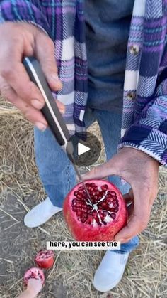 a man holding a knife and cutting a pomegranate