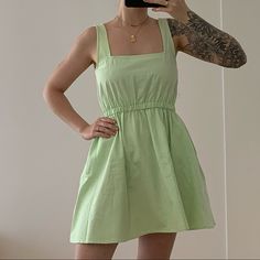 Cute Dress Perfect Condition. Never Worn Outside. Has Pockets! Green A-line Mini Dress For Casual Occasions, Green A-line Mini Dress For Day Out, Green A-line Mini Dress For Summer, Daytime A-line Sundress, Green Cotton Mini Sundress, Chic Green Sundress With Square Neck, A-line Sundress For Daywear, Casual Square Neck Sundress For Daytime, Green Square Neck Dress For Casual Wear