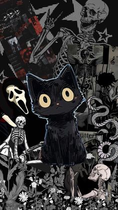 a black cat sitting on top of a pile of skulls next to a human skeleton