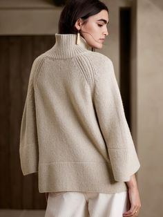 Firenze Flare-Sleeve Sweater | Banana Republic Chic Knit Turtleneck With Ribbed Cuffs, Elegant Textured Knit Turtleneck For Fall, Elegant Oversized High Neck Sweater, Elegant Funnel Neck Sweater With Ribbed Cuffs, Elegant Knit Turtleneck With Ribbed Cuffs, Elegant Oversized Ribbed Sweater, Flare Sleeve Sweater, Fashion Identity, Knit Texture