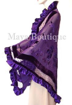 "DESCRIPTION: FROM MAYA COLLECTION THE MOST BEAUTIFUL AND VERSATILE WRAP ON THE MARKET ! WRAP YOURSELF IN ELEGANCE WITH THIS TRUE WEARABLE ART ! PURPLE COLOR WITH MATCHING GLASS BEADS DETAILS HUGE TRIANGLE SHAPE WRAP HIGH QUALITY SILK BURNOUT VELVET SATIN RUFFLES ON ALL 3 SIDES BEAD WORK ON THE VELVET AND INTRICATE BORDERS Measures: 58\"- 85\"- 58\" (AS A TRIANGLE) INCLUDING THE 3\" SATIN RUFFLES BORDERS INCREDIBLE HAND BEAD WORK BORDERS ( 2.5\" W) CONNECTS THE SATIN RUFFLES TO THE MAIN BODY OF Amaris Core, Scarf Aesthetic, Purple Clothes, Purple Shawl, Rose Scarf, Bad Barbie, Burnout Velvet, Orange Ombre, Fashion Journals