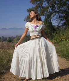 Boho maxi skirt with elastic waist and lined. 100% soft natural cotton. One size fit most figure. Color Off White. Measurements: Skirt. Waist 24 up to 41 inches. Length 37 inches. Hip up to 45 inches ( measure inside the lining) Measurements: TOP Bust up to 37 inches. Waist 18 stretch up to 38 inches. Length 14 inches. Sleeve length 6 inches from the shoulder. CARE: Machine wash cold.Machine wash cold. These dresses are made from Raw Cotton- In the process of making these dresses the cotton has Circle Maxi Skirt, Festival Maxi Skirt, Summer Maxi Skirt, Maxi Skirt Crop Top, White Cotton Skirt, Belly Dance Skirt, Maxi Skirts Summer, Peasant Skirt, Maxi Skirt Boho