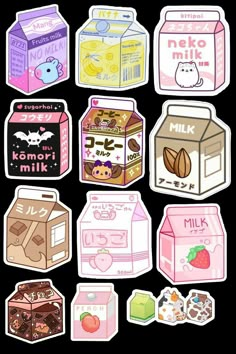 some stickers with different types of milks and other things in them on a black background