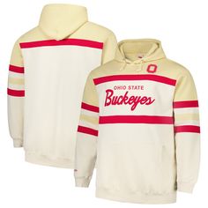 Channel your inner Ohio State Buckeyes Head Coach with this cozy and stylish Pullover Hoodie from Mitchell & Ness. This luxuriously soft hoodie features a fleece lining for an extra layer of warmth. The embroidered team logo at the left upper chest and wordmark across the front with stitched applique below make it clear you're a true Buckeye fan. White Cotton Hoodie For Game Day, White Cotton Hoodie For Fan Gear, Collegiate White Hoodie For Fall, White Collegiate Hoodie For Fall, Collegiate Hooded Fleece Top, White Hoodie With Ribbed Cuffs For Game Day, Collegiate White Fleece Hoodie, Collegiate Fleece Hoodie Top, Team-colored Cotton Hoodie For Winter