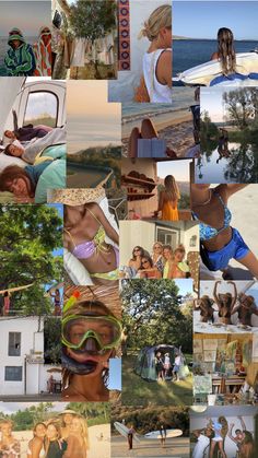 a collage of photos with people and surfboards