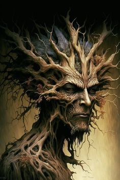 a painting of a creepy looking man with tree roots on his face