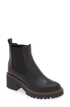 A classic Chelsea boot is remixed in this leather version that's boosted by a hardy lug platform and block heel. 2 1/2" heel; 1 1/4" platform (size 8.5) 5 1/2" shaft Pull-on style with elastic gore insets Water-resistant Leather upper/synthetic lining/rubber sole Imported Women’s Black Chelsea Boots, Womens Lug Boots Outfit, Chelsea Boots For Petite Women, Boots For Nyc Winter, Flares And Boots, Business Casual Boots Women, Comfortable Chelsea Boots Women, Best Winter Shoes For Women, Cold Weather Shoes Women