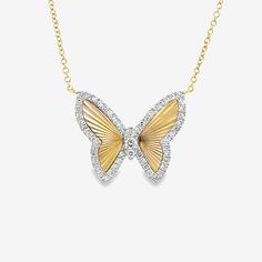 Fly into fashion with our fluted diamond Butterfly Collection necklace! Made of 14K yellow gold, this stunning piece features a delicate butterfly outline adorned with round brilliant cut diamonds. Flutter on over and add it to your collection today! Pair it with anything from our Butterflies Collection for an all-over charming look. Natural Diamonds: 0.25ctw 14K Yellow Gold Length: 18 Inches Butterfly Shaped Yellow Gold Diamond Jewelry, Yellow Gold Butterfly Diamond Jewelry, Butterfly Shaped Diamond Necklace, Butterfly-shaped Yellow Gold Jewelry With Diamond Accents, Diamond Butterfly Necklace With Diamond Accents, Fine Jewelry Butterfly Shaped Diamond Necklace, Yellow Gold Diamond Butterfly Necklace, Yellow Gold Diamond Butterfly Necklace With Charm, Diamond Butterfly Necklace In Yellow Gold