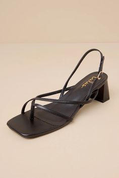 Subtly sultry and always chic, the Lulus Kerrie Black Strappy Low Heel Sandals will add a luxe touch to any ensemble! Smooth faux leather shapes these unforgettable heels that have a square footbed, a thong-style upper, and a network of slender straps throughout. A matching, adjustable slingback strap secures with a shiny gold buckle, all atop cute block heel. Black Bridesmaid Shoes, Clubbing Shoes, Short Black Heels, Black Strap Heels, White Sandals Heels, Black Strappy Sandals, Black Strappy Heels, Low Heel Sandals, Bridesmaid Shoes