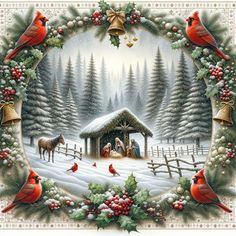 a christmas scene with birds and a nativity scene in the snow, surrounded by holly wreaths