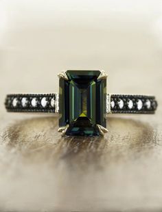 Evelyn: Antique-Inspired Emerald Cut Green Sapphire Ring | Ken & Dana – Ken & Dana Design Big Diamond Engagement Rings, Green Sapphire Ring, Emerald Cut Engagement, Handmade Engagement Rings, Emerald Engagement Ring Cut, Gemstone Engagement, Ethical Jewelry, Engagement Ring Cuts, Green Sapphire