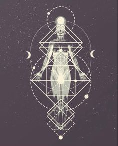 the human body is surrounded by lines and circles on a dark background with stars in the sky