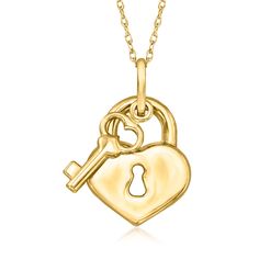 Ross-Simons - Italian 14kt Yellow Gold Heart Lock and Key Pendant Necklace. 20". Made in Italy, this adorable pendant necklace brings a touch of romance. Crafted in luxurious 14kt yellow gold, a heart lock is adorned with a key charm. Suspends from a glittering rope chain. Springring clasp, 14kt yellow gold heart lock and key pendant necklace. Yellow Gold Fine Jewelry Charm Necklace For Valentine's Day, Fine Jewelry Yellow Gold Charm Necklace For Valentine's Day, Fine Jewelry Yellow Gold Charm Necklaces For Valentine's Day, Yellow Gold Heart Necklace With Charms For Anniversary, Anniversary Yellow Gold Heart Necklace With Charms, Heart Lock And Key, Key Pendant Necklace, Heart Lock, Lock And Key