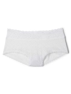 Sheer lace, minimally lined.  Elasticized lace with scalloped detail trim at waistband at leg openings.  Allover lace. Cheap White Intimates With Moderate Coverage, Cheap White Boxer Briefs For Loungewear, Cheap White Seamless Intimates, Cheap White Basic Intimates, Cheap White Low-rise Intimates, Feminine Scalloped Lace Bottoms, Elegant Short Bottoms With Delicate Lace, Elegant White Bottoms With Scalloped Lace, Elegant Stretch Bottoms By Gap